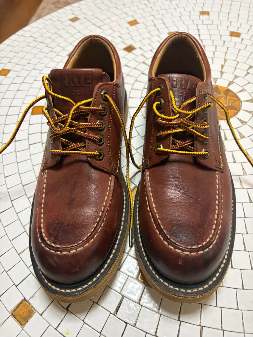 Men's Brown Leather Moc Toe Casual Shoes with Yellow Laces